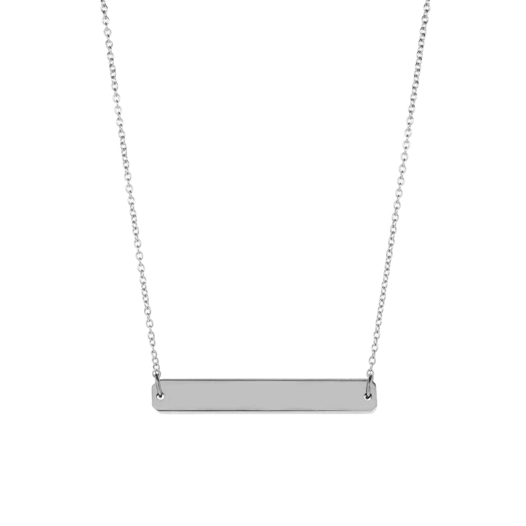 A straight horizontal gold pendant with inscription on a gold chain